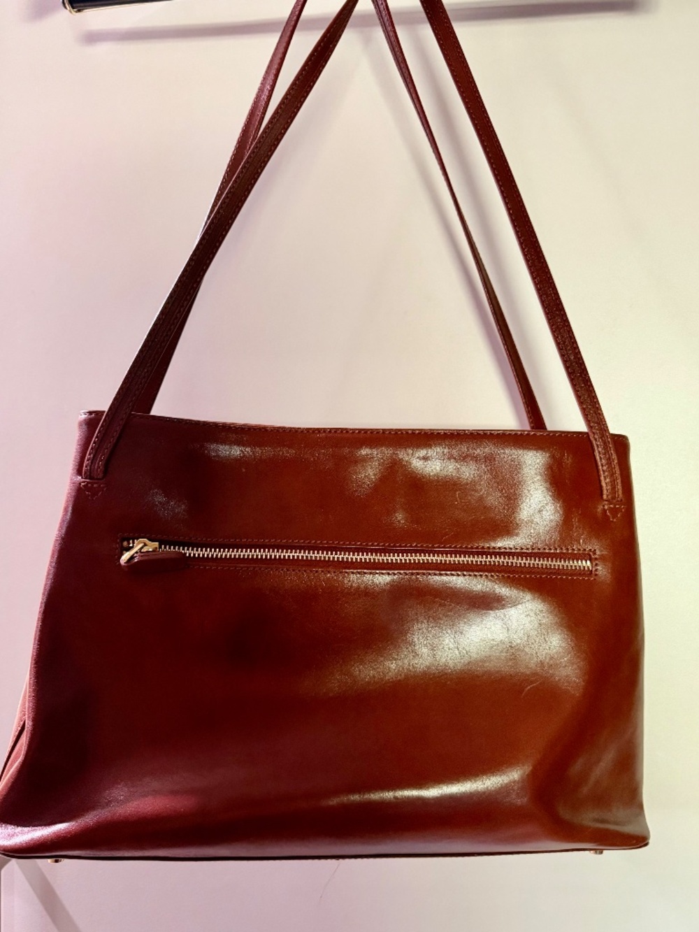 Fabulous Vintage Monsac Leather Shoulder Tote — Cognac Brown, Italian Leather - Picture 7 of 10